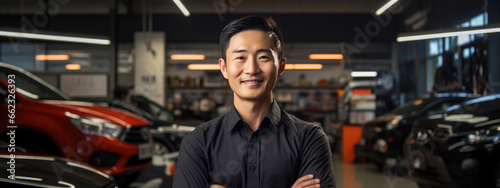 Portrait of a mechanic in a car service against the backdrop of cars. © MP Studio