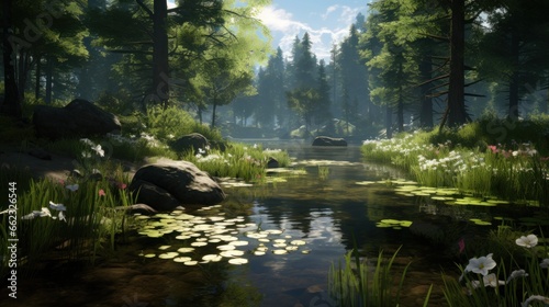 Depict a game art scene of a secluded forest, with serene lakes, and dappled sunlight