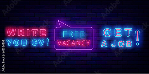Free vacancy neon signs collection. Write your cv and get a job. Job searching design. Vector stock illustration