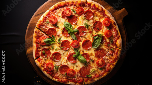 Delicious italian pizza with different ingredients on wooden table, top view