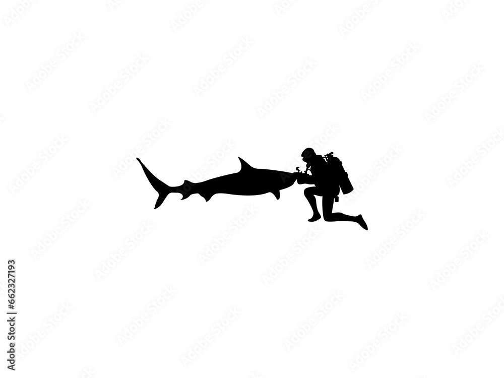 Scuba Diver and Fish Silhouette Vector On The White Background.