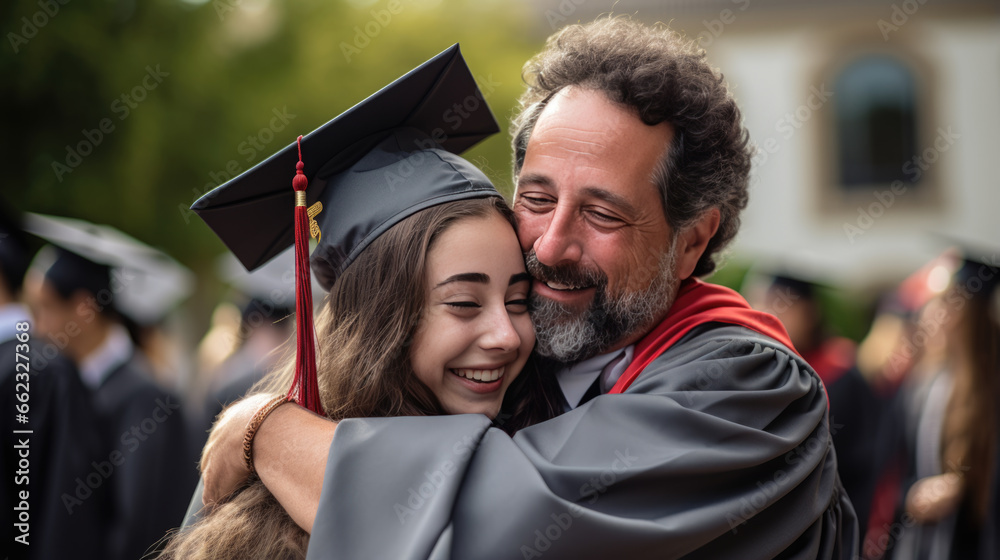 Fototapeta premium Happy smiling graduate hugs his parent after the graduation ceremony.