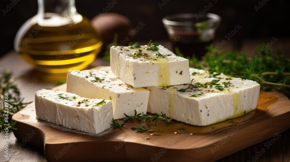 Feta cheese with olive oil in bowl and rosemary leaves on wooden background.