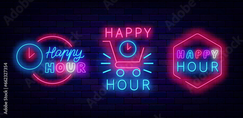Happy hour emblems collection. Clock with trolley symbols. Special offer and discount. Vector stock illustration