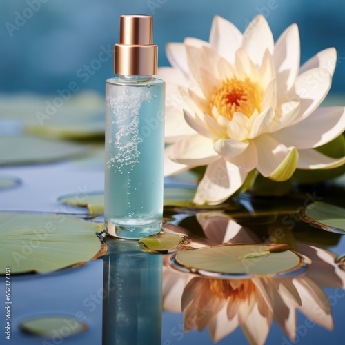 container for cosmetic products on a background of water and with a water lily flower. Beauty blog, salon treatment concept, brand packaging in minimalist style