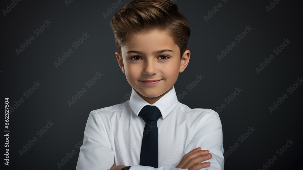 Boy in white shirt and tie on dark gray background. Boy in white shirt and tie on dark gray background.