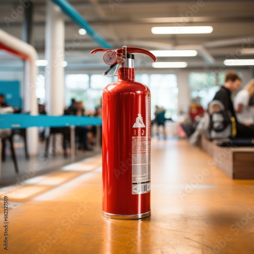 fire extinguisher on the floor in an educational institution or office. Emergency equipment in case of fire © Margo_Alexa