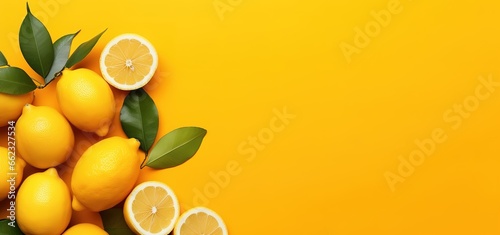 Fresh lemons on a yellow background with empty space for your text. Generative AI