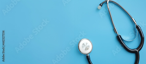 Banner. Annual check - up with a doctor. Copy space. Place for text. Layout for design. Flay lay. Top view. Stethoscope, red heart and pills on a blue background. Health care. Cardiology.