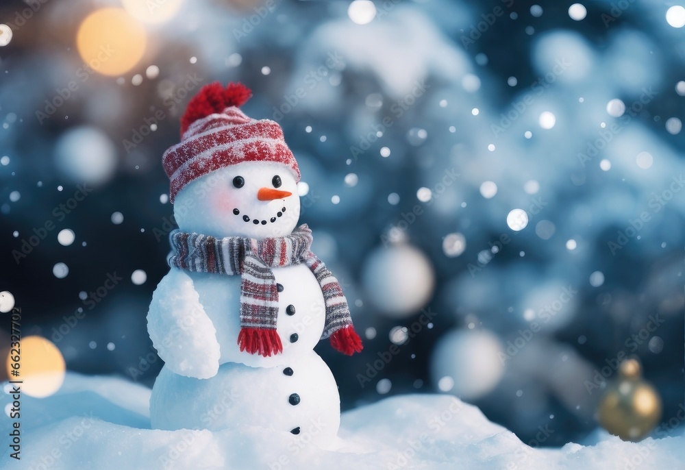 A Christmas snowman on a cold and snowy winter day. Copy space for text, advertising, banner, message