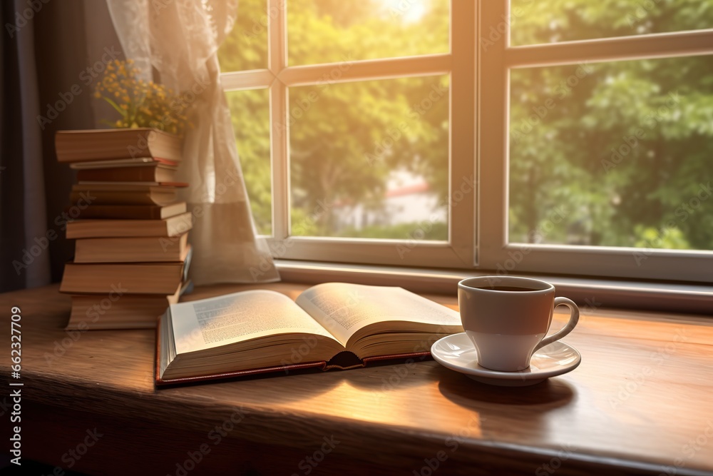 photo of a book near the window accompanied by a cup of warm drink. generative AI photo of a book near the window accompanied by a cup of warm drink. generative AI