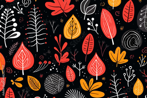 Nature elements quirky doodle pattern, wallpaper, background, cartoon, vector, whimsical Illustration