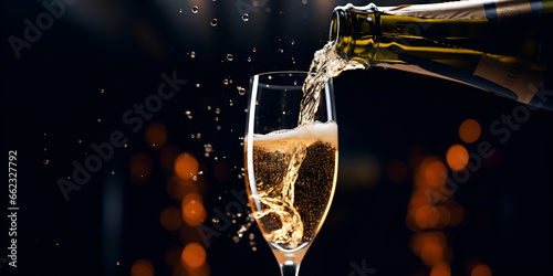 champagne pouring into glass ,Pouring champagne in glass before new year ,Champagne glasses and decor for valentines day stand on black background ,Champagne pouring in glass generative ai


