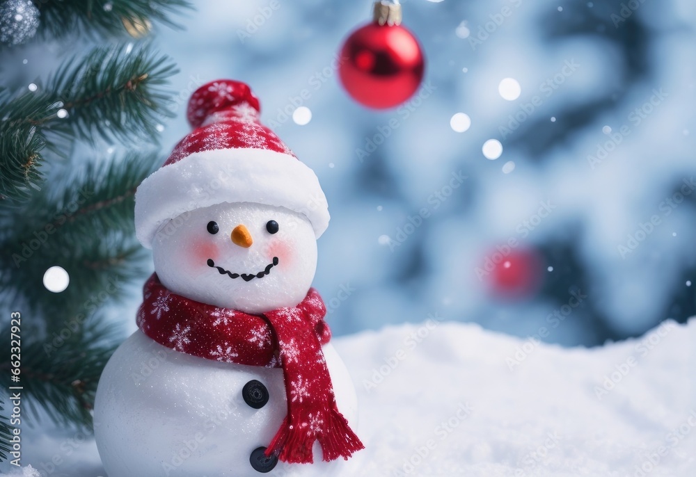 A Christmas snowman on a cold and snowy winter day
