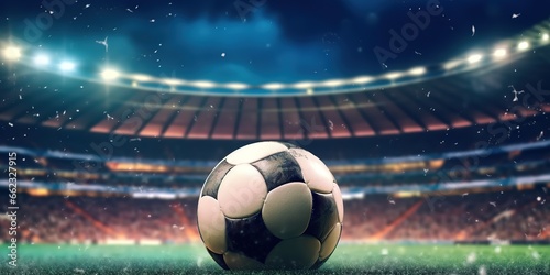photo of the ball in a football stadium under the spotlight. Generative AI © Nanda