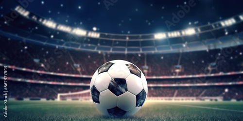 photo of the ball in a football stadium under the spotlight. Generative AI