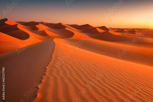 A serene desert landscape at sunset  with rolling sand dunes glowing in warm hues as the sun sets on the horizon. Generative AI