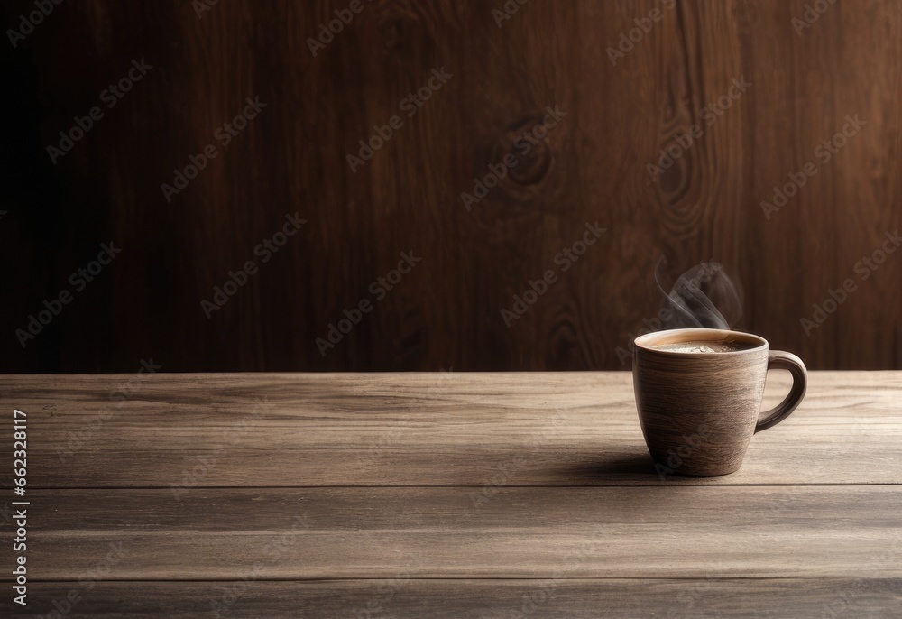 Coffee cup on a wooden table with the texture and grain of the surrounding wood. Dark brown wall background made of wood.Copy space for text, advertising, message, logo Coffee cup on a wooden table with the texture and grain of the surrounding wood. Dark brown wall background made of wood.Copy space for text, advertising, message, logo