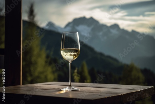 A wine glass on a table with mountain view. Generative AI