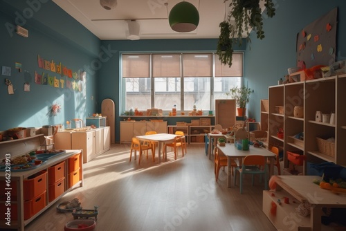 inside a classroom with chairs, benches and toys on tables, preschool classroom