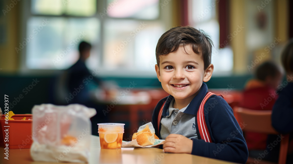 Young boy preschooler sitting in the school cafeteria eating lunch. Young boy preschooler sitting in the school cafeteria eating lunch.