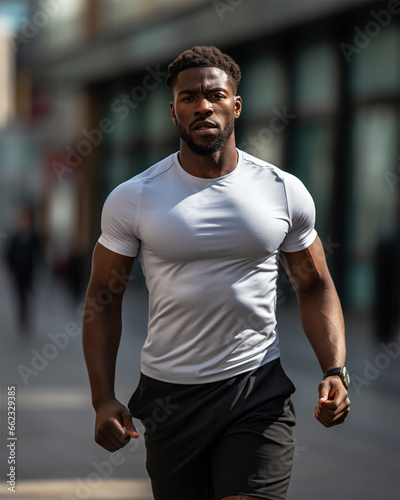 athletic African American man in a white T-shirt runs in the morning along the path in the city © Margo_Alexa