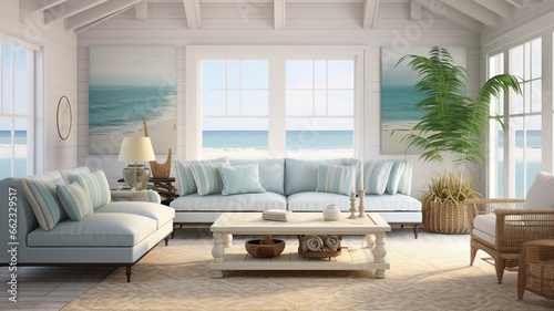 A coastal-themed living room with beachy decor