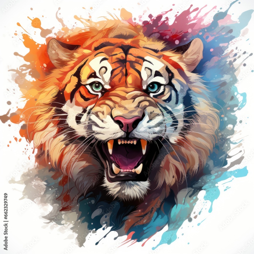 Naklejka premium A close up of a tiger's face on a white background.