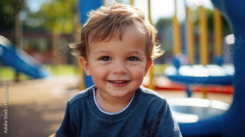 Little boy preschooler playing on the playground outside