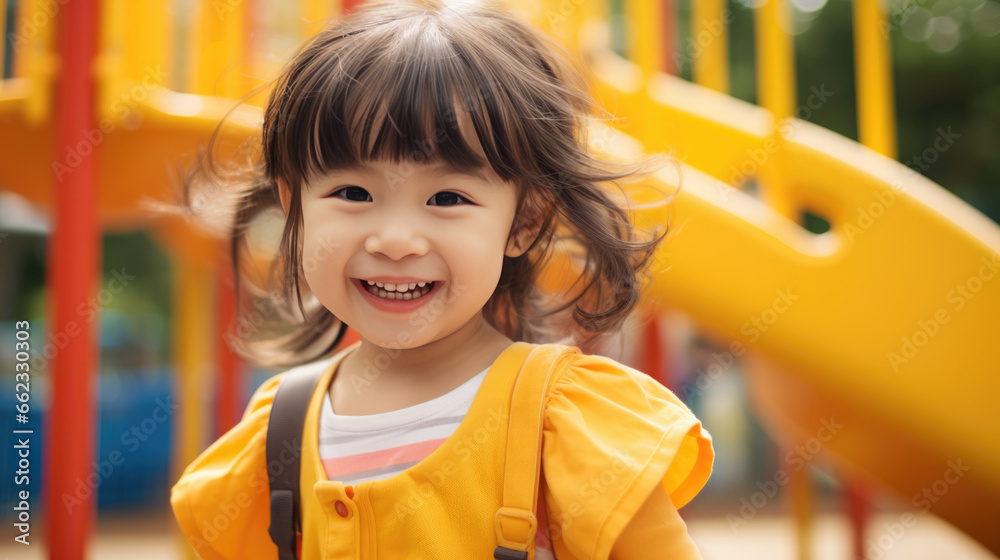 Little girl preschooler playing on the playground outside Little girl preschooler playing on the playground outside