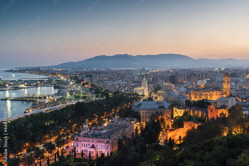 Malaga City at sunset, Andalusia, Spain