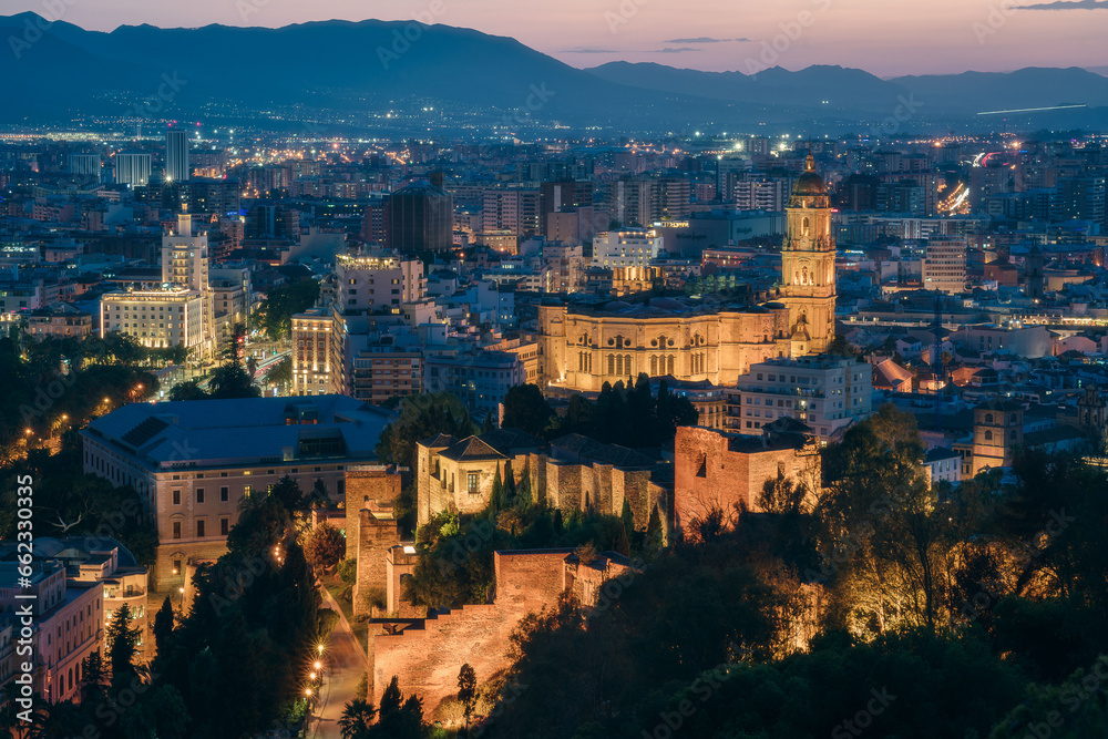 Malaga City at sunset, Andalusia, Spain