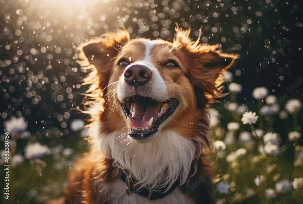 Happy dog and wet in the spray of a border collie in the rays of the sun