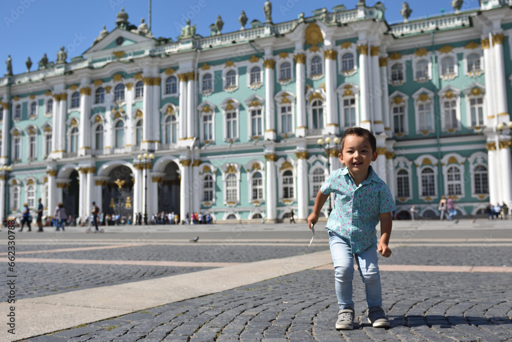 Happy kid traveling in Russia