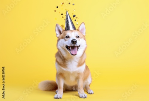 Funny party dog in a hat on a monochrome background celebrates his birthday