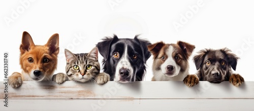 A group of dogs and cats on a white background. A banner with space to copy. © CreativeArt