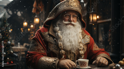 Santa Claus in a cafe with embroidery and with ethnic elements on clothes.  photo