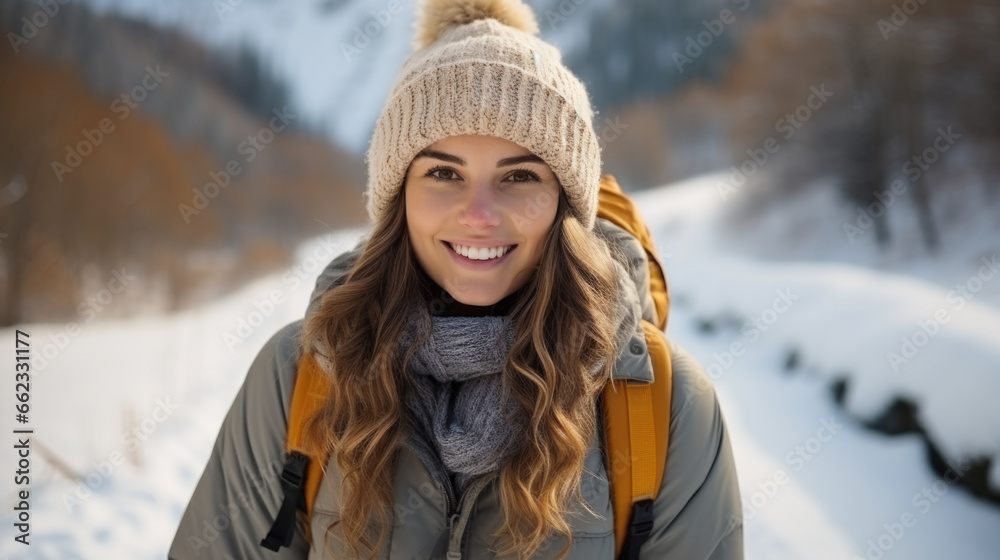 A woman wearing a hat and jacket in the snow. Winter sports. A woman wearing a hat and jacket in the snow. Winter sports.