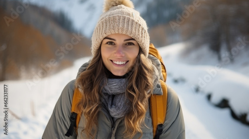 A woman wearing a hat and jacket in the snow. Winter sports.