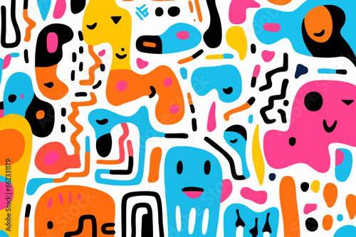 Minimalistic graffiti quirky doodle pattern, wallpaper, background, cartoon, vector, whimsical Illustration