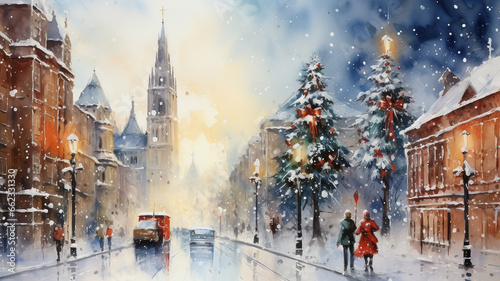 watercolour paint of Christmas city