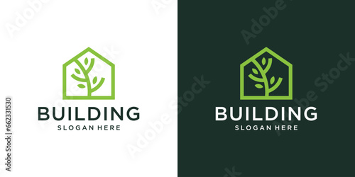 Green house logo design template. Leaf with house building graphic design vector illustration. Symbol, icon, creative.