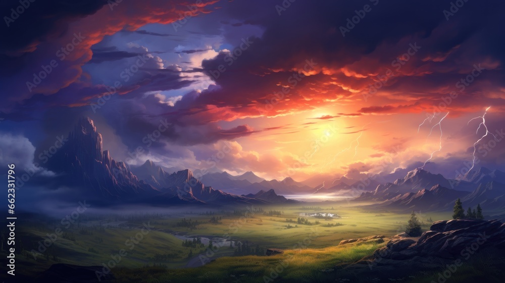 An approaching storm over a beautiful landscape game art An approaching storm over a beautiful landscape game art