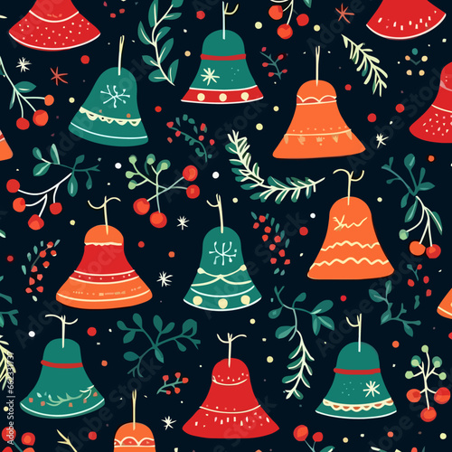 Christmas bells quirky doodle pattern, background, cartoon, vector, whimsical Illustration