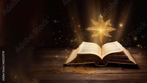 an open book with a shining star decorated on top. generative AI