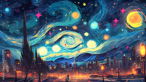 Hand drawn cartoon anime beautiful night starry sky illustration
 photo
