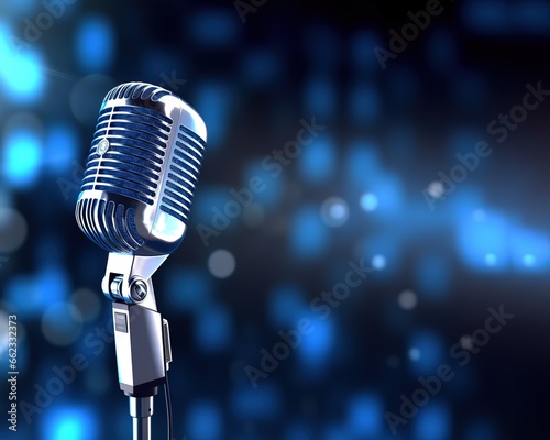 microphone with blurred background on blue wall  vintage microphone on stage with lamp lighting  in uhd image style  bokeh panorama. Generative AI