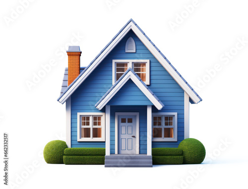 Frontal view of a tiny blue cottage house with slight shadow isolated in the style of 3D illustration