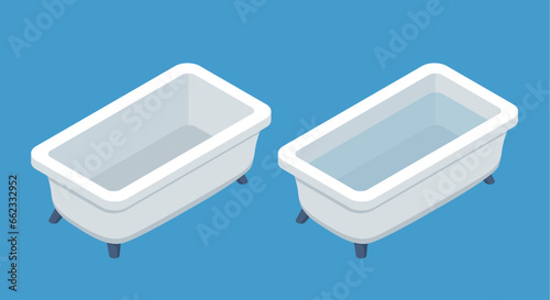 Isometric bathtub, empty and filled with water. Vector illustration on a white background.