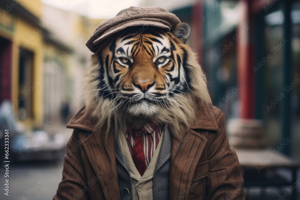Hipster tiger walking around the city on the street. - obrazy, fototapety, plakaty 